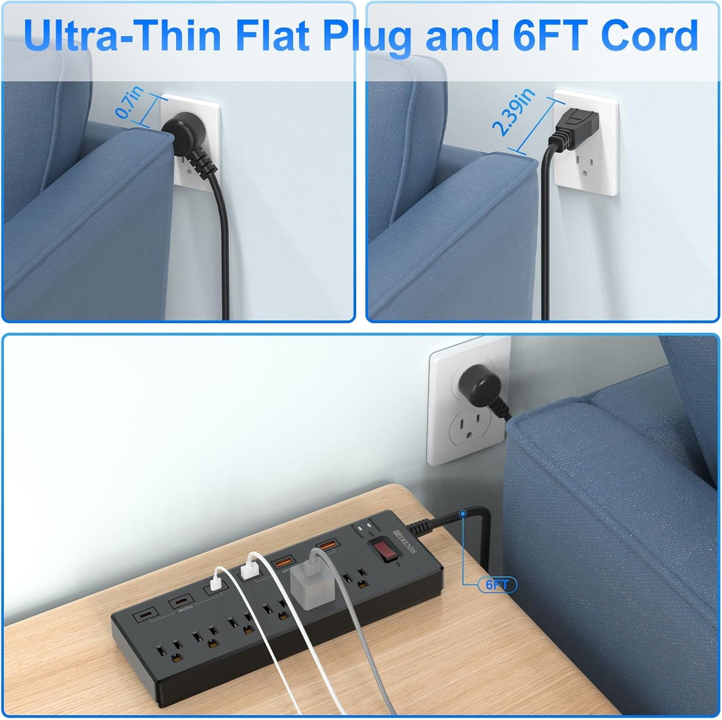 Power Strip, Surge Protector with 6 AC Outlets & 6 USB Ports (3 USB-C & 3 USB-A), 20W PD Fast Charging USB-C, 6 Ft Flat Plug Extension Cord with Multiple Outlet, 1625W/13A, for Home Office