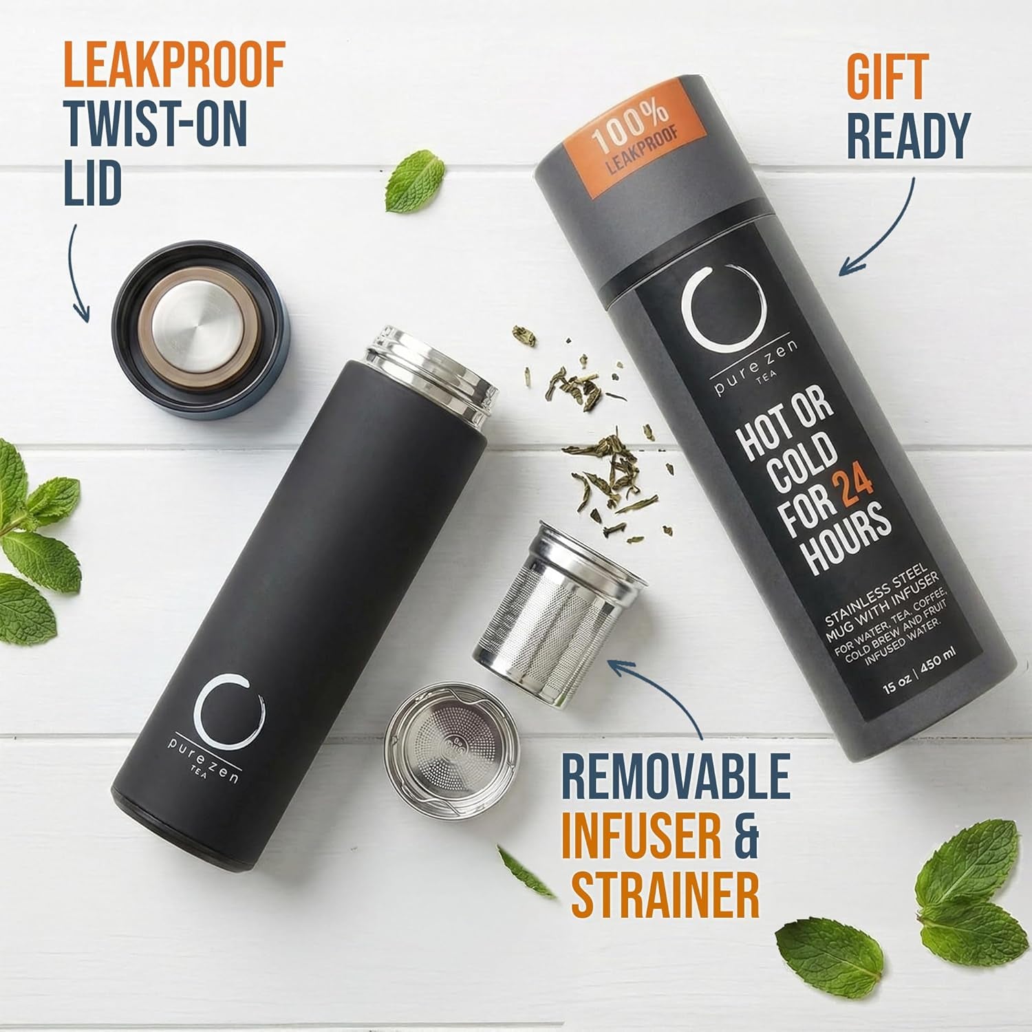 Insulated Tea Infuser Bottle, 15 Oz, Tea Thermos with Infuser