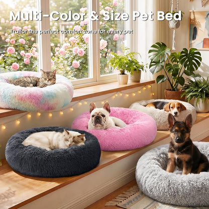 Calming Dog & Cat Bed, Cat Bed for Indoor Cats, Anti-Anxiety Donut round Bed, Fluffy Warming Pet Bed for Small Medium Dogs and Cats, Beige Taupe 20"/24"