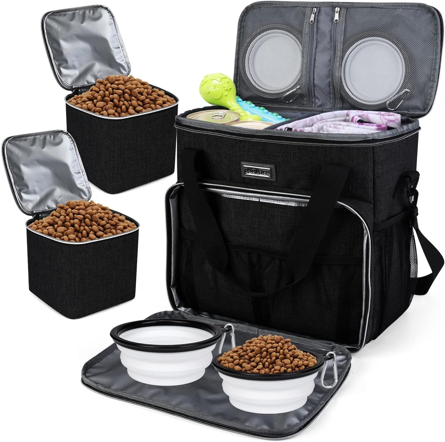 Dog Travel Bag, Pet Travel Bag (ALL Pet Travel Supplies), with 2 Pet Food Containers and 2 Collapsible Silicone Bowls; Essential Kits for Travel Black