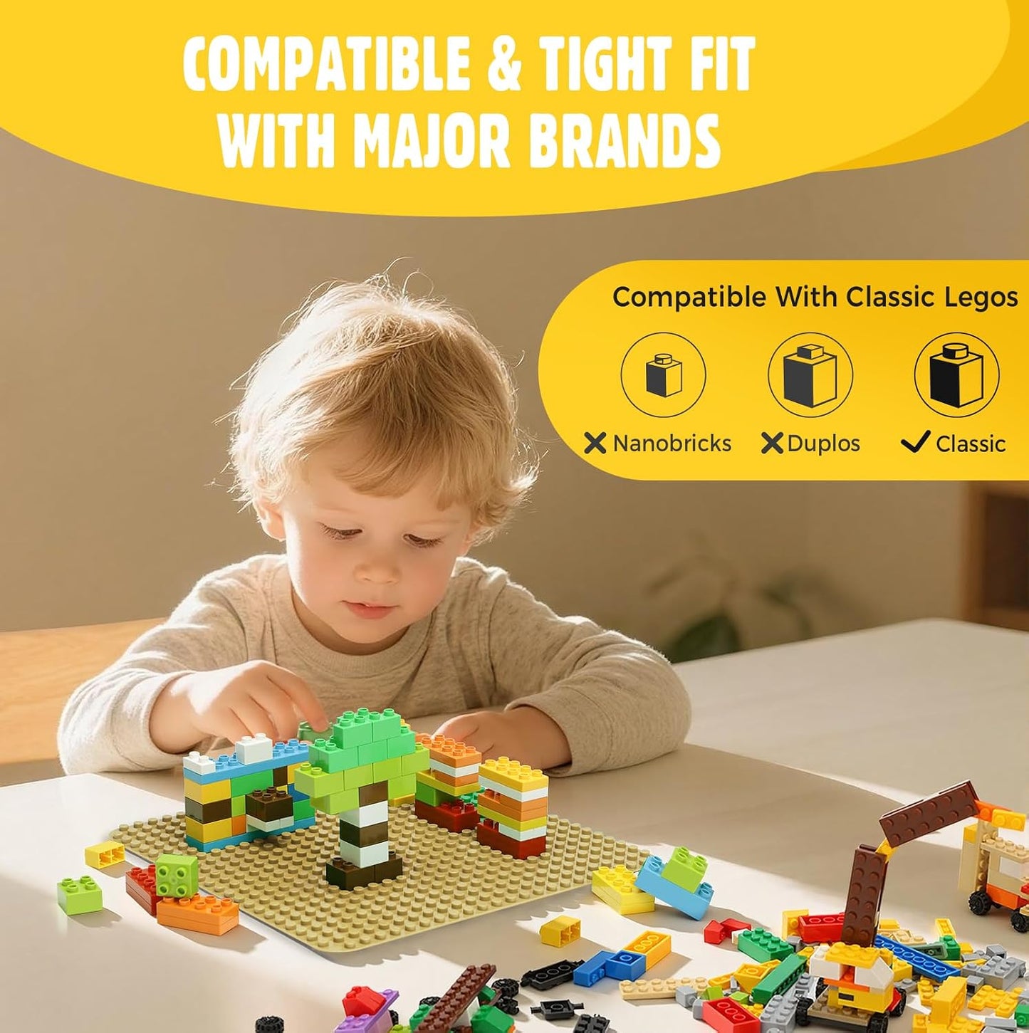 6 Pack Classic Baseplates 10" X 10", Building Base Plates for Building Bricks, 100% Compatible with Major Brands and Activity Table-Baseplate, Sturdy & Safe, Age 3 and up Kids, Sand